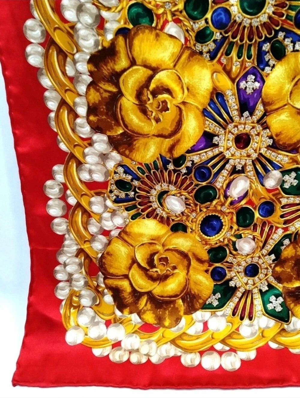 Auth Chanel Camellia And Jeweled Floral Silk Scarf with Gold Roses